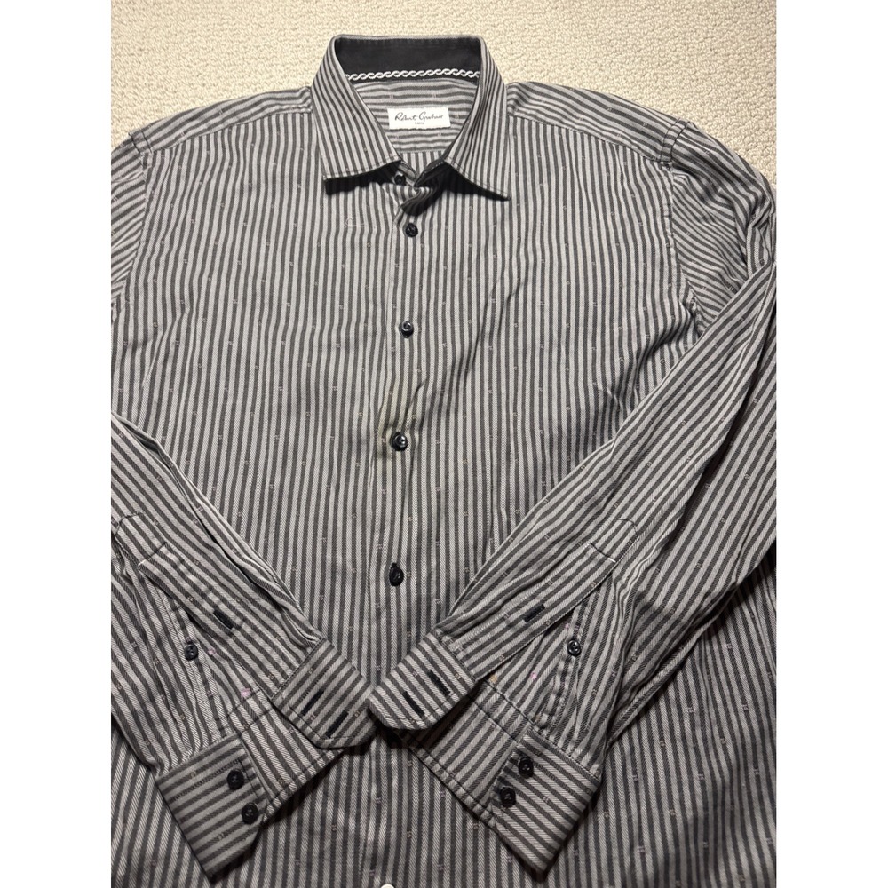 Robert Graham Mens Grey Striped Floral Embroidered‎ Button Down Shirt 44 17.5